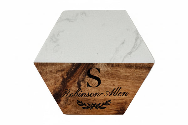 Hexagon White Marble and Wood Coasters (4pcs)