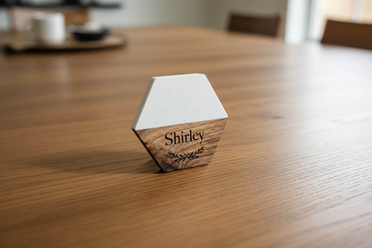 Hexagon White Marble and Wood Coasters (4pcs)